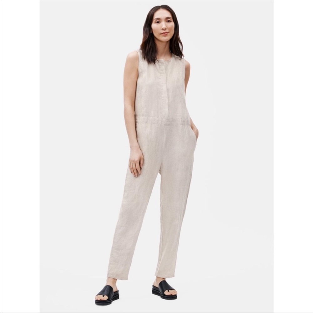 Eileen Fisher Organic Linen Round Neck Sleeveless Half Button Front Jumpsuit